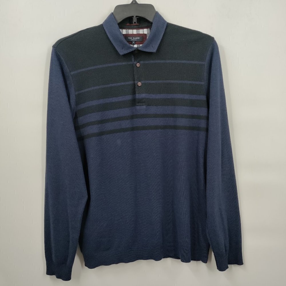 Ted Baker Knitted Striped Ribbed Henley Collar Long-Sleeve Sweater Large Men